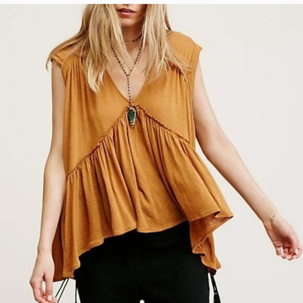 Free People Burnt Orange Rust Peplum Shark Flowy V Neck Raw Hem Boho Top S P